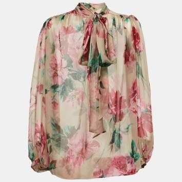 Pre Owned Dolce & Gabbana Pink Floral Print Silk Sheer Blouse S