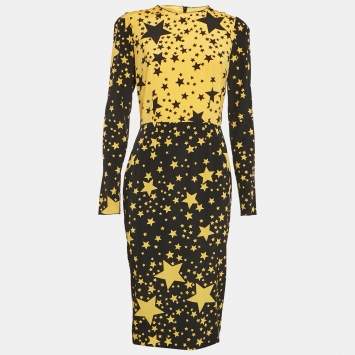 مملوكة مسبقًا Dolce & Gabbana Black/Yellow Stars Print Silk Midi Dress M