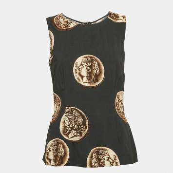 Pre Owned Dolce & Gabbana Black Coins Print Crepe Sleeveless Top M