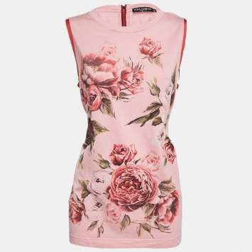 Pre Owned Dolce & Gabbana Pink Floral Print Jersey Sequin Embellished Sleeveless T-Shirt L