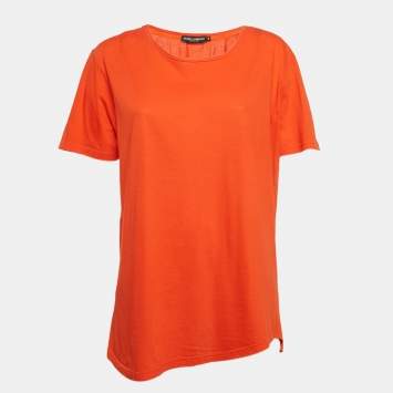 Pre Owned Dolce & Gabbana Orange Jersey Asymmetric Hem T-Shirt L