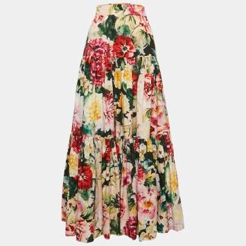 Pre Owned Dolce & Gabbana Multicolor Floral Print Poplin Tiered Maxi Skirt M