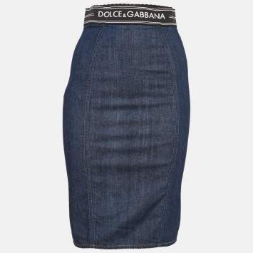 Pre Owned Dolce & Gabbana Navy Blue Denim and Jersey Logo Waist Band Pencil Skirt S