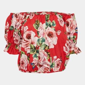 Pre Owned Dolce & Gabbana Red Floral Print Poplin Off-Shoulder Crop Top M