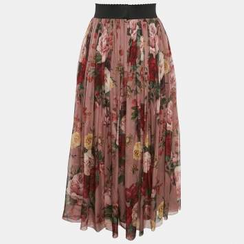 Pre Owned Dolce & Gabbana Pink Floral Print Silk Gathered Midi Skirt L