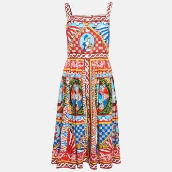 Pre Owned Dolce & Gabbana Red/Blue Carretto Print Poplin Gathered Midi Dress L
