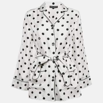 Pre Owned Dolce & Gabbana White/Black Polka Dots Print Silk Pajama Shirt XS