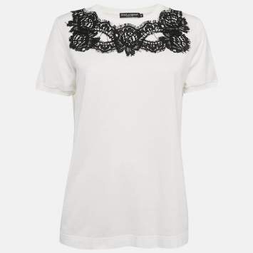 Pre Owned Dolce & Gabbana White Cotton Lace Detail Crew Neck T-Shirt L