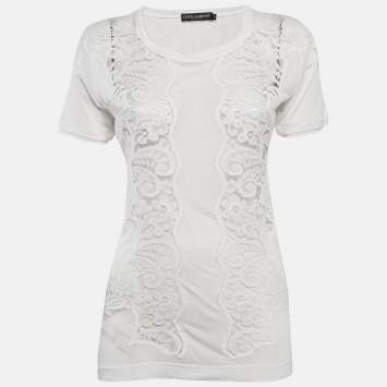 Pre Owned Dolce & Gabbana White Modal & Lace Trim Crew Neck Top M