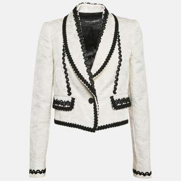 Pre Owned Dolce & Gabbana White Brocade Lace Trim Cropped Blazer L