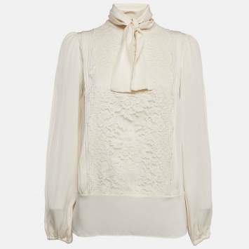 Pre Owned Dolce & Gabbana Cream Lace Trim Silk Button Front Shirt M