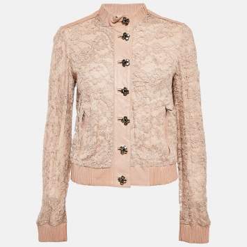 Pre Owned Dolce & Gabbana Beige Leather Trim Lace Blouson Jacket S