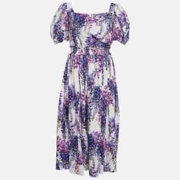 Pre Owned Dolce & Gabbana White/Lavender Floral Print Poplin Midi Dress L