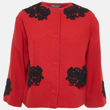 Pre Owned Dolce & Gabbana Red Wool Blend Lace Work Jacket S