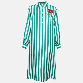 Pre Owned Dolce & Gabbana Green/White Floral Embroidered Stripe Silk Midi Dress S