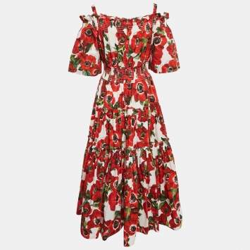 Pre Owned Dolce & Gabbana Red Floral Print Tiered Maxi Dress L