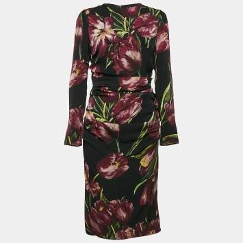 Pre Owned Dolce & Gabbana Black Flowers Print Silk Ruched Midi Dress L