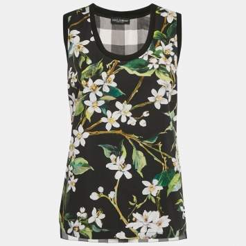 Pre Owned Dolce & Gabbana Black Floral and Checked Print Cotton Sleeveless Top S