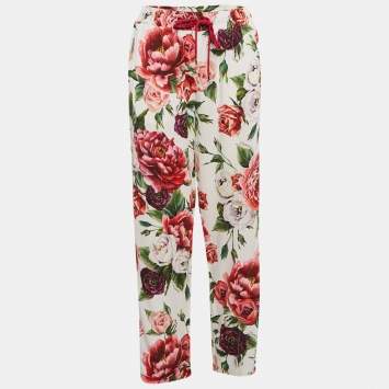 Pre Owned Dolce & Gabbana White Floral Print Crepe Logo Tape Detail Trousers M
