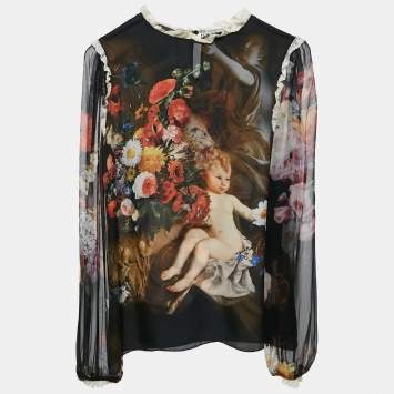 Pre Owned Dolce & Gabbana Black Cherub Print Lace Trimmed Silk Top S