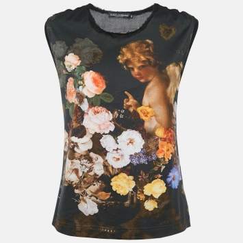 Pre Owned Dolce & Gabbana Black Cherub Print Cotton Knit and Silk Sleeveless Top S