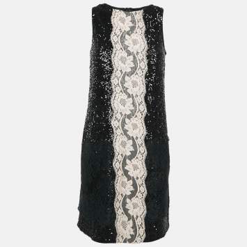 Pre Owned Dolce & Gabbana Black Sequin Lace Trimmed Sleeveless Mini Dress M