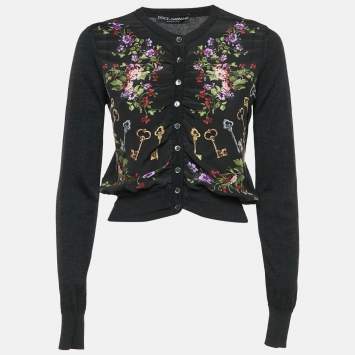 Pre Owned Dolce & Gabbana Black Floral Print Silk & Wool Knit Ruched Cardigan M