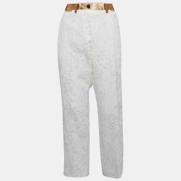 Pre Owned Dolce & Gabbana White Floral Jacquard Contrast Trimmed Trousers M