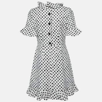 Pre Owned Dolce & Gabbana White Polka Dot Print Cotton Flounced Dress M