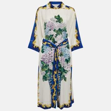 Pre Owned Dolce & Gabbana Multicolor Printed Silk Belted Midi Dress M