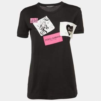 Pre Owned Dolce & Gabbana Black Cotton Patch Detail Crew Neck T-Shirt XS
