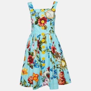 Pre Owned Dolce & Gabbana Blue Floral Print Cotton Sleeveless Midi Dress M