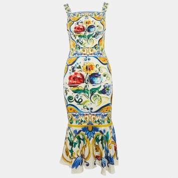 Pre Owned Dolce & Gabbana Multicolor Printed Silk Sleeveless Midi Dress S