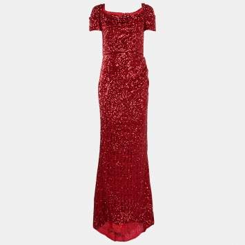 Pre Owned Dolce & Gabbana Red Sequin Asymmetric Gown S