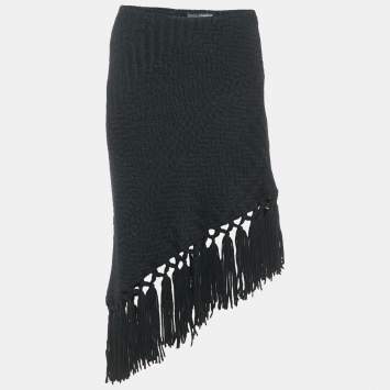 Pre Owned Dolce & Gabbana Black Patterned Wool Fringe Detail Asymmetric Skirt S