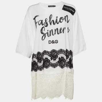 Pre Owned Dolce & Gabbana Monochrome Cotton Lace Trim Tunic M