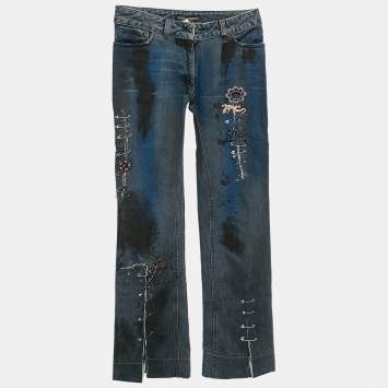 Pre Owned Dolce & Gabbana Blue Denim Safety Pin Detail Jeans M Waist 28"