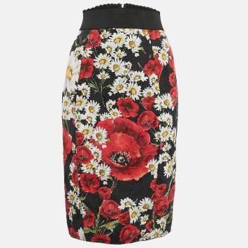 Pre Owned Dolce & Gabbana Black/Multicolor Floral Print Jacquard Pencil Skirt M