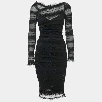 Pre Owned Dolce & Gabbana Black Sequin Tulle Ruched Midi Dress M