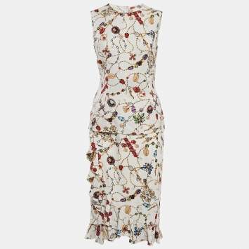 Pre Owned Dolce & Gabbana White Jewel Print Crepe Ruffled Skirt and Top Set S