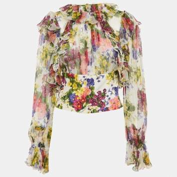 Pre Owned Dolce & Gabbana White Floral Print Silk Ruffled Top S