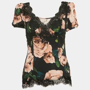 Pre Owned Dolce & Gabbana Black Rose Print Lace Trim Crepe Top M