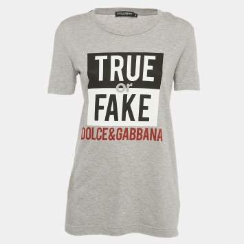 Pre Owned Dolce & Gabbana Grey Fake or Real Print Jersey T-Shirt XS
