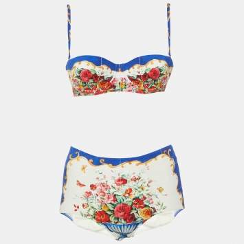 Pre Owned Dolce & Gabbana Beachwear Blue Majolica Print Jersey Bikini Set S 