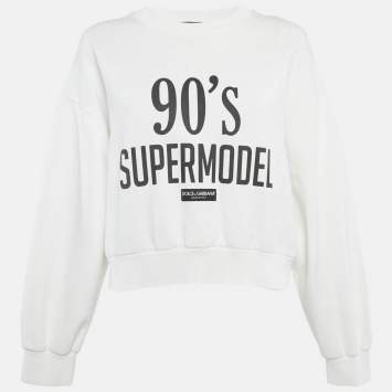 Pre Owned Dolce & Gabbana White Printed Cotton Crop Sweatshirt XS