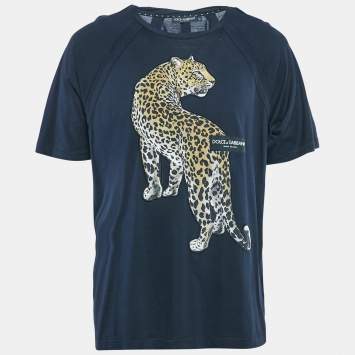 Pre Owned Dolce & Gabbana Navy Blue Leopard Applique Jersey T-Shirt XL
