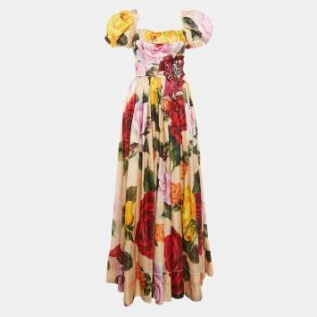 Pre Owned Dolce & Gabbana Sartoria Multicolor Floral Print Silk Crystal Embellished Gown M
