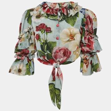 Pre Owned Dolce & Gabbana Multicolor Floral Print Ruffled Tie-Up Detail Crop Shirt S
