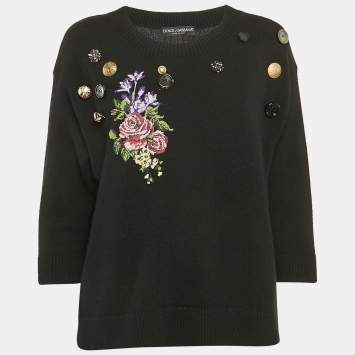 Pre Owned Dolce & Gabbana Black Floral Embroidered Cashmere Button Detail Sweater M