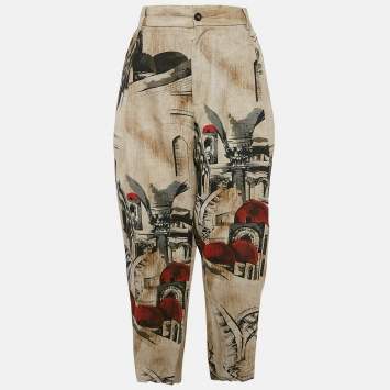 مملوكة مسبقًا Dolce & Gabbana Beige Printed Linen Pleated Trousers XL